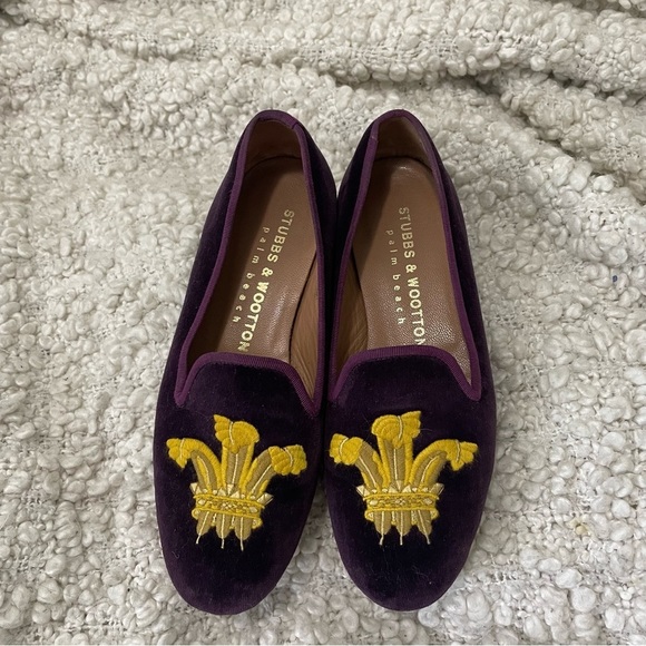 Stubbs & Wootton Purple Loafers with Gold Embroidery - Picture 3 of 8